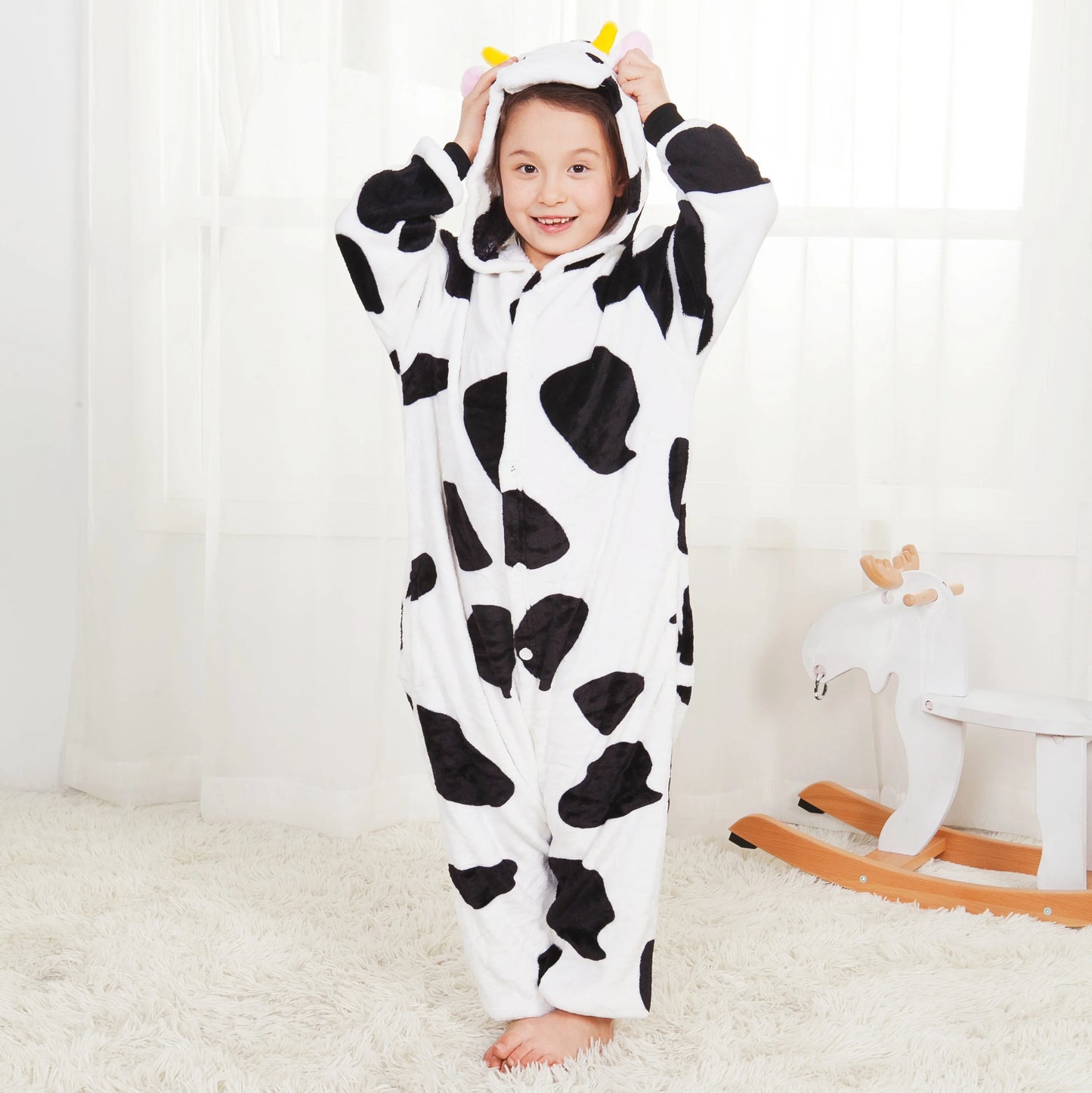 Children's One-Piece Sleep Suits Kids Cute Cow Flannel Cartoon Animal Pajamas Halloween Christmas Performance Onesies Costumes