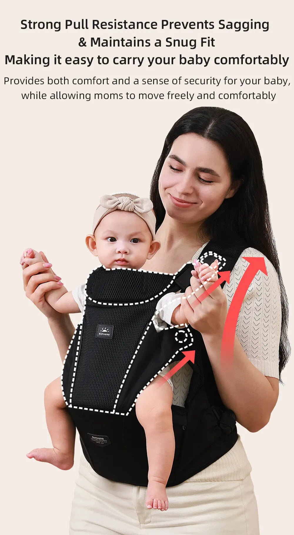 Sunveno Integrated Secure Baby Carrier Effortless Comfortable Baby Carrier Mesh Breathable 4-24months Hands-Free Ergonomic Black