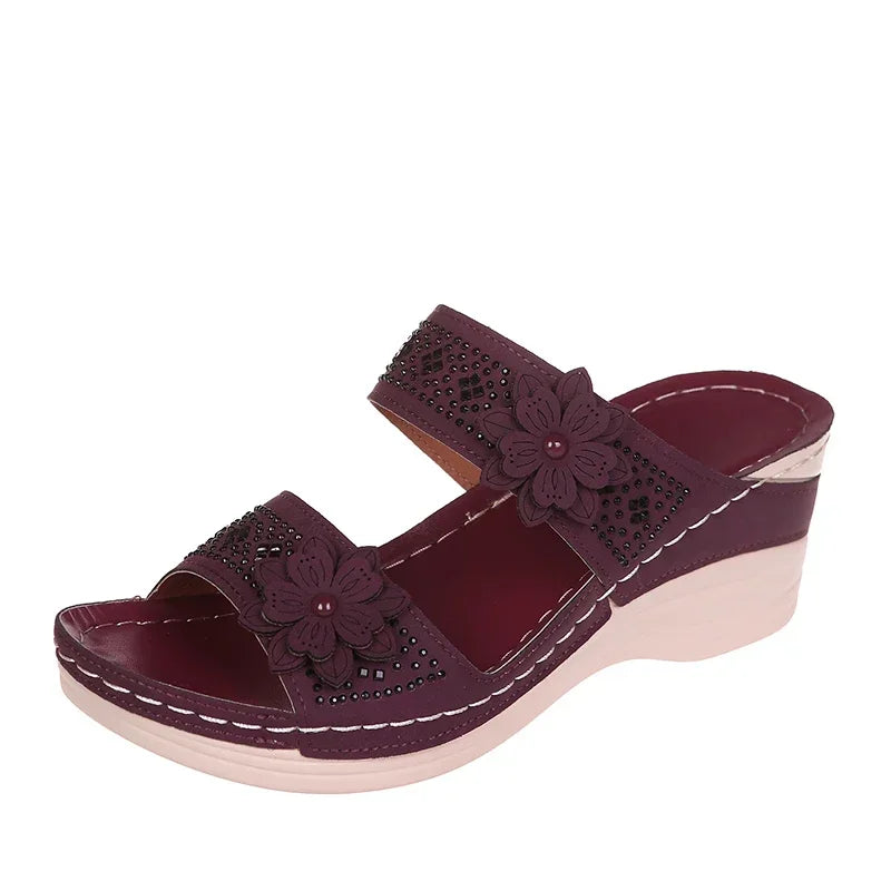 2024 Summer Women Slippers Plus Size Women's Shoes Retro Roman Sandals Women Pu Casual Flower Wedge Sandals Platform Slippers