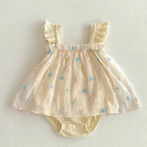 2025 New Summer Korean Style Climbing Suit Flying Sleeve Cotton Lace Splicing Toddler Baby Girls Jumpsuit 0-24M Baby Clothing
