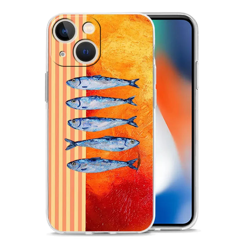 Soft TPU Transparent Phone Case Cover for iPhone 17 16 15 14 13 12 11 Pro Max 17 Air 7 8 Plus Fundas Funny Fish Sardines Laser