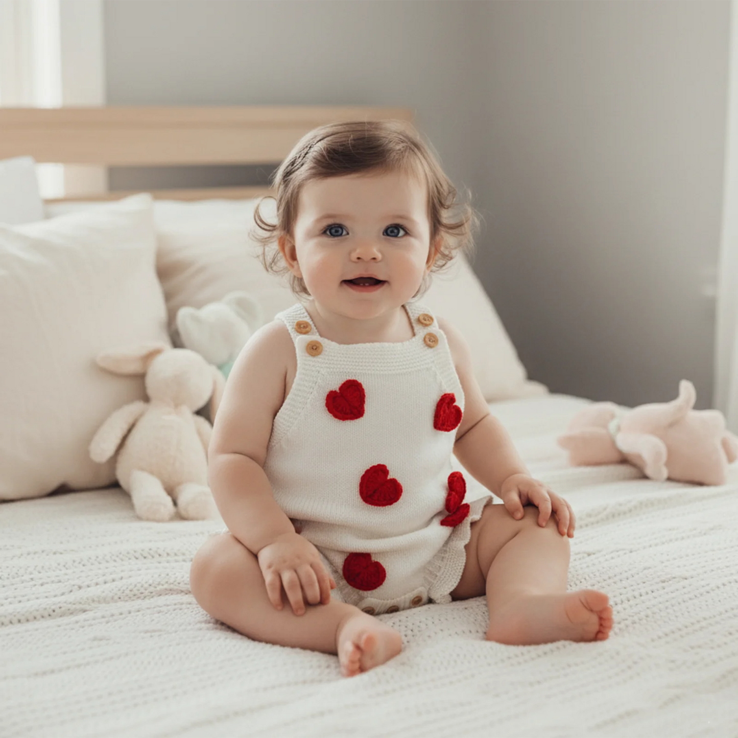 Baby Girl Valentine’s Day Romper Sleeveless Square Neck Heart Bodysuit Newborn Knit Overalls