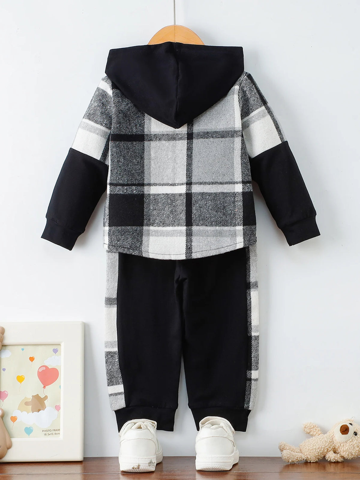 Baby Boys 3Pcs Outfit Set 12M-5Y Plaid Hooded Jacket + Ribbed Tank Top + Patchwork Pants Kids Casual Clothes