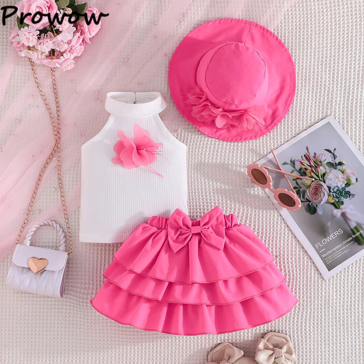 Toddler Girl Outfit Sets Sleeveless Turtleneck Fixed Flower T-shirt+Layered Skirt+Sun Hat Summer 3pcs Sets For Baby Girl Clothes
