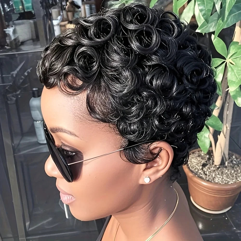 4# Short Pixie Curly Wigs Human Hair Chocolate Brown Chic Short Pixie Cut Human Hair Wig With Bangs Full Machine Made Wigs