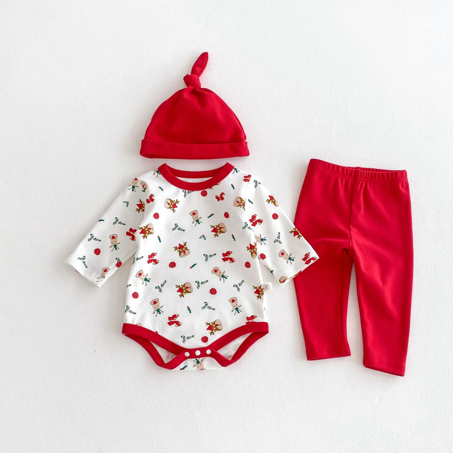 New Spring Autumn Baby Christmas Pajamas Set Long Sleeve Santa Print Bodysuit with Pants and Hat Infant Festive Sleepwear B6076