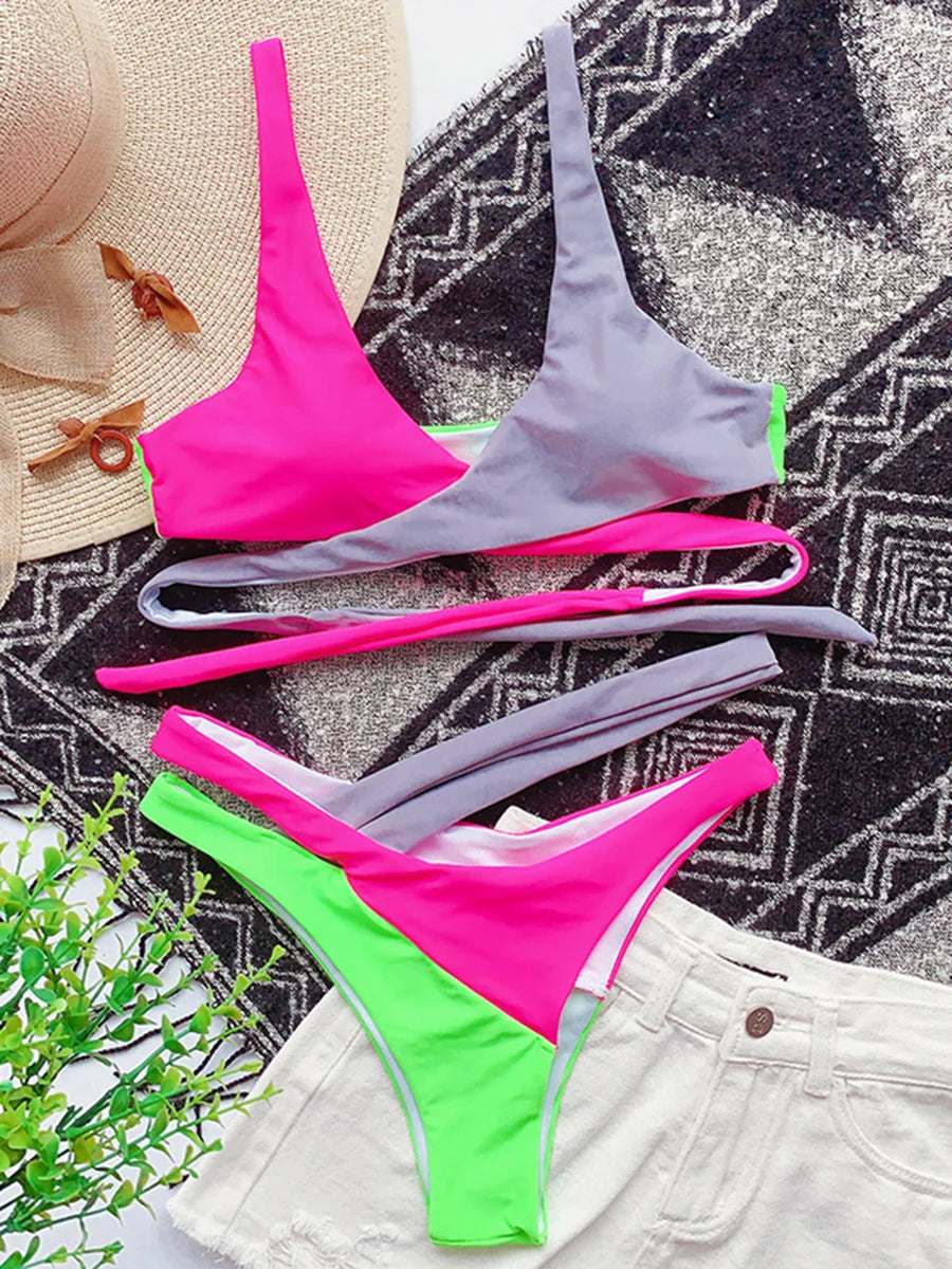 Sexy Splicing Cross Bandage Thong Bikini Female Swimsuit Women Swimwear Two Pieces Bikini Set Bathing Suit Swim Beach Wear Lady