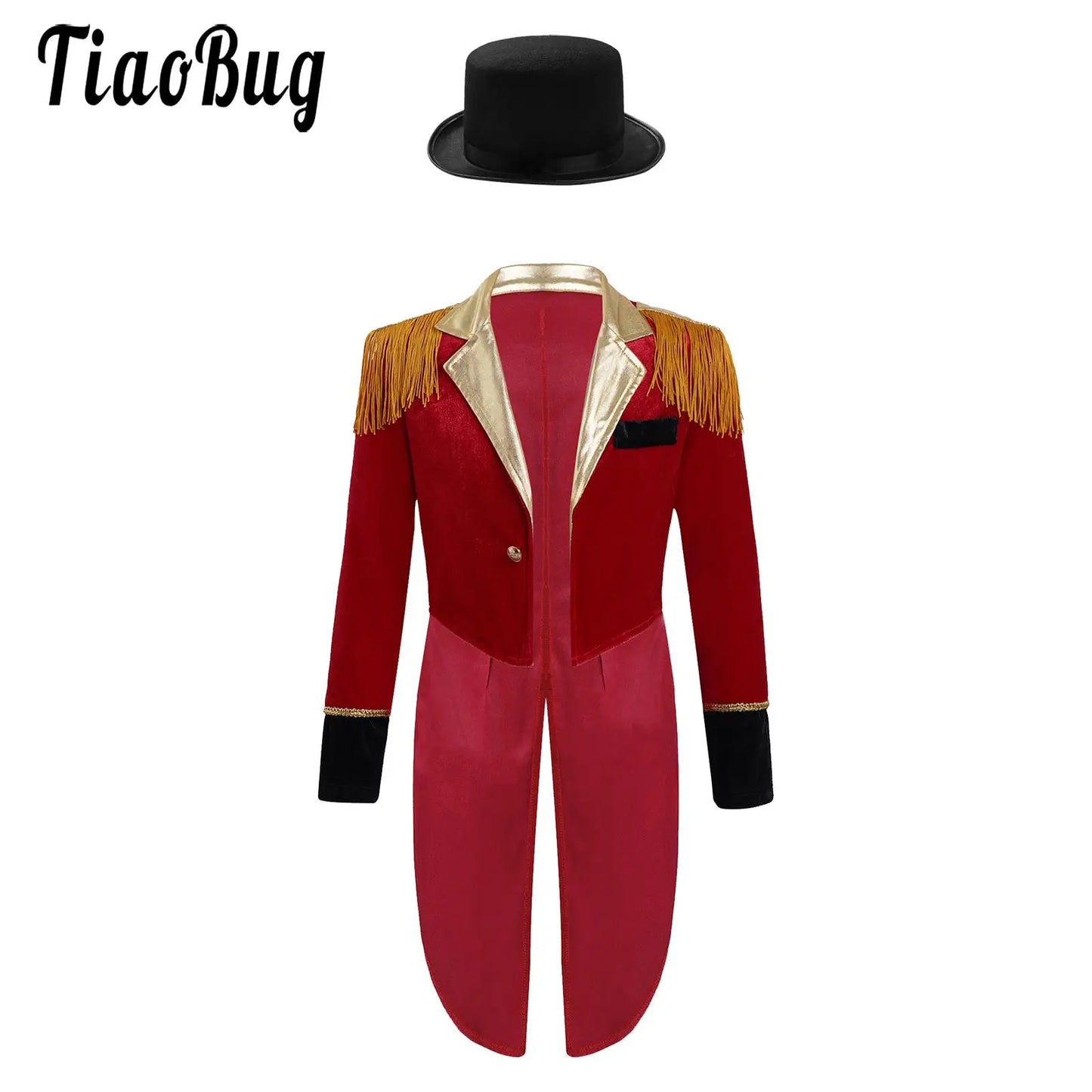 Boys Circus Halloween Performance Costume for Kids Dress Up Party Long Sleeve Lapel Tassel Tailcoat Felt Hat Ringmaster Cosplay
