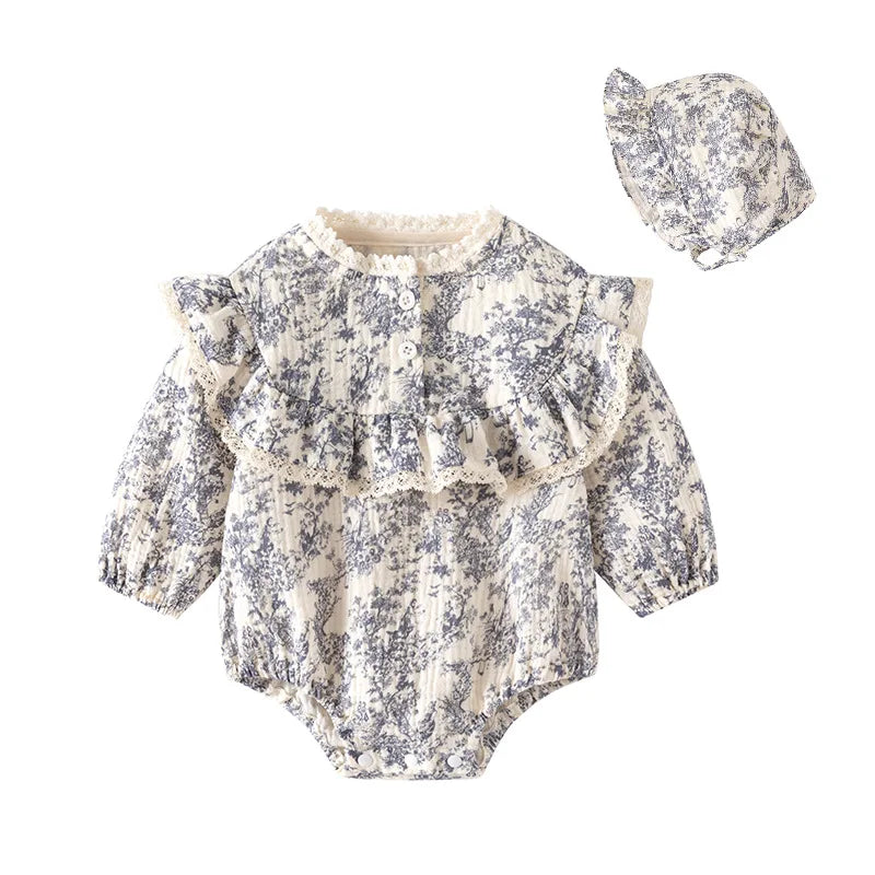 Newborn Romper Chinese Style Ink Painting Newborn Baby Girl Bodysuits +Hat Cotton Girls Jumpsuits Infants Onesie Outfits Clothes