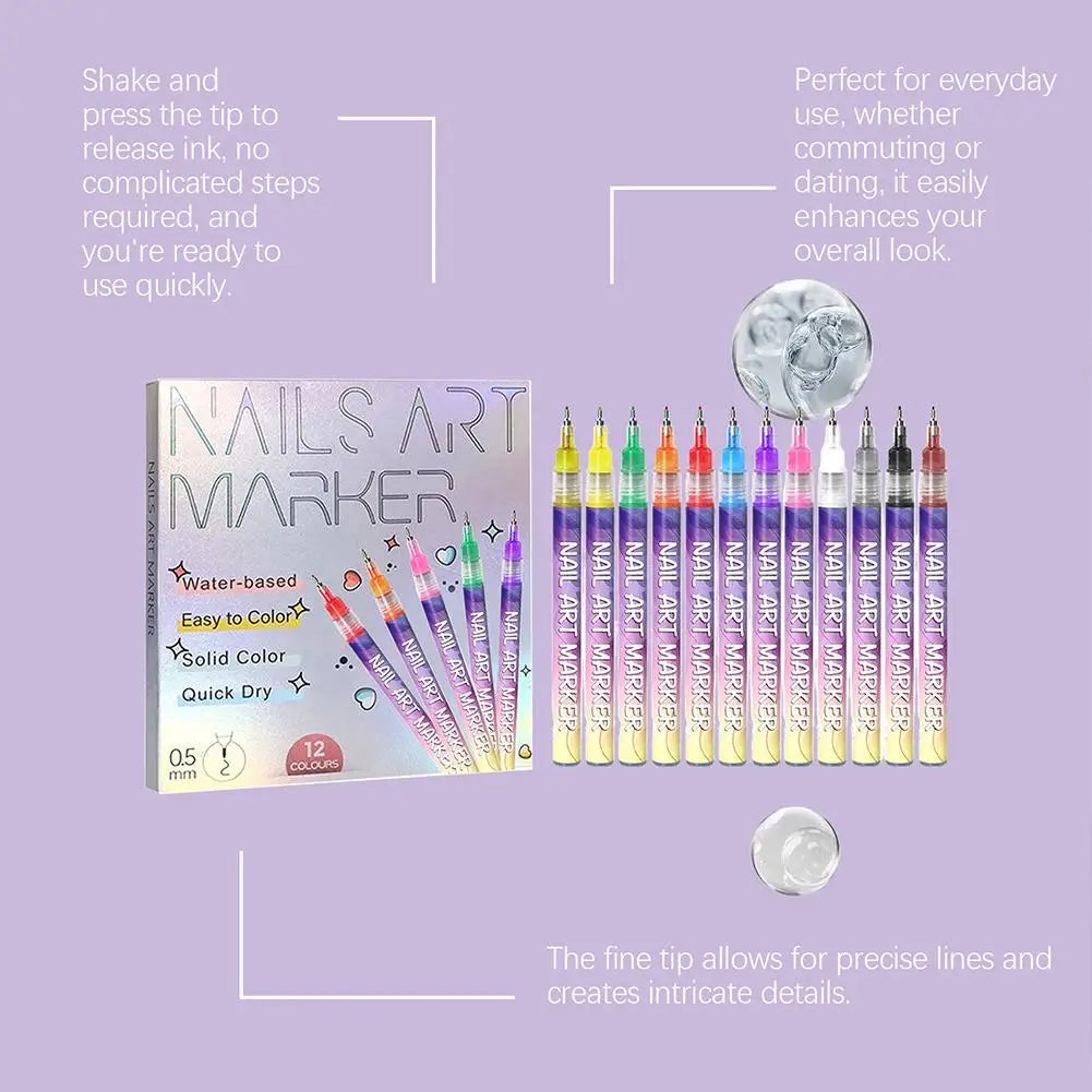 12Pcs/Set Nail Acrylic Graffiti Pen 12 Color Nail Marker Drawing DIY Beauty Nail Art Tools Waterproof and Quick Drying Nail Mark