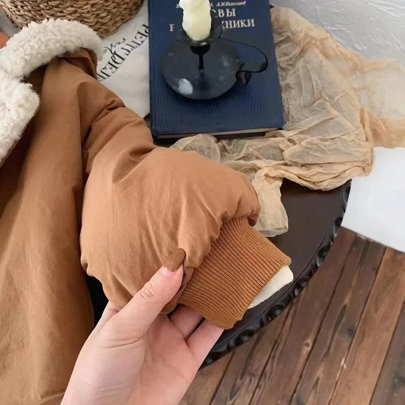 2025 Winter New Baby Warm Lamb Cashmere Hooded Coat Solid Versatile Boys Girls Padded Jacket Plus Velvet Thick Infant Clothes