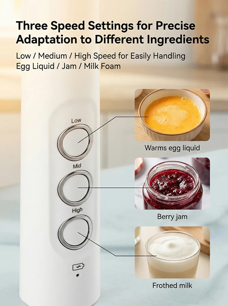 Handheld Wireless Rechargeable Electric Milk Frother 3 Speeds USB Rechargeable Foam Maker for Latte Cappuccino Hot Chocolate