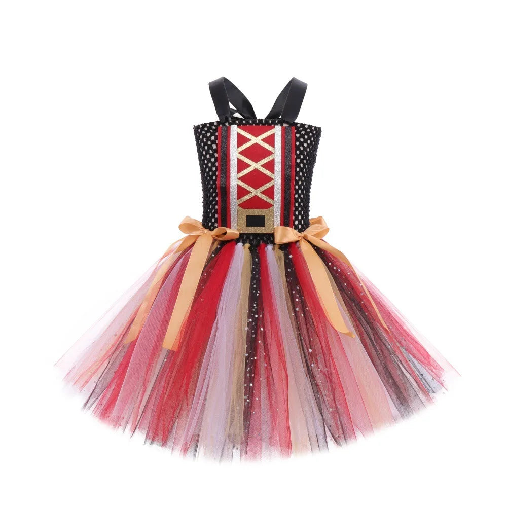 2-12Yrs Children Cosplay Villain Costume Tutu With Hat Girls Halloween Party Outfit Black Red Off Shoulder Princess Pirate Dress