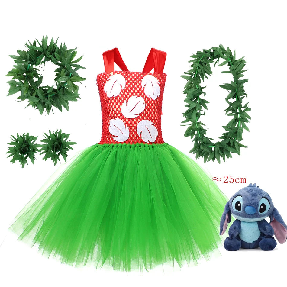 Halloween Costume for Girls Chirdren Summer Red and Green Floral Hawaiian Party Dress with Wreath Outfit for Halloween