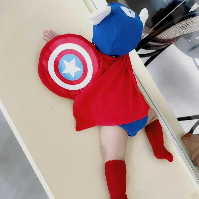 Fall 2025 Korean Superhero Baby Bodysuit Set Costume with Cape Shield & Hat for Cosplay Photoshoot One-Piece High quality Cotton