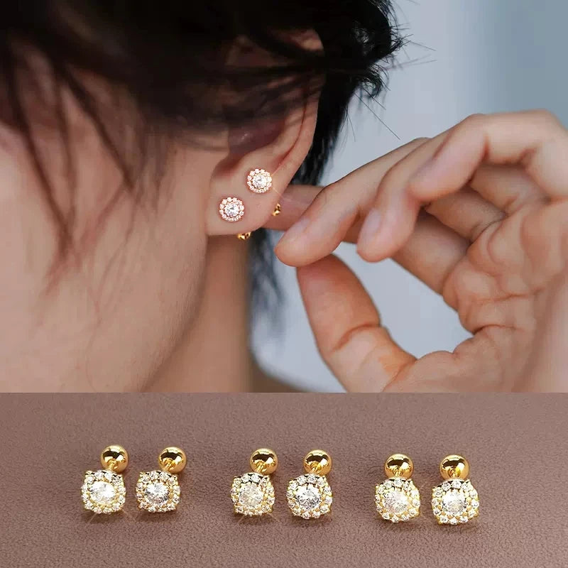 925 Sterling Silver Flash Earrings Shiny Zircon Earrings Female Gold Color Screw Ear Bone Jewelry for Women Fashion Accessories