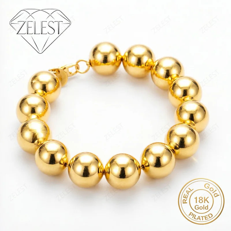 925 Sterling Silver 18K Gold Plated 14mm 8-inch Exquisite Bright Round Bead Bracelet for Women's Fashion Party Jewelry