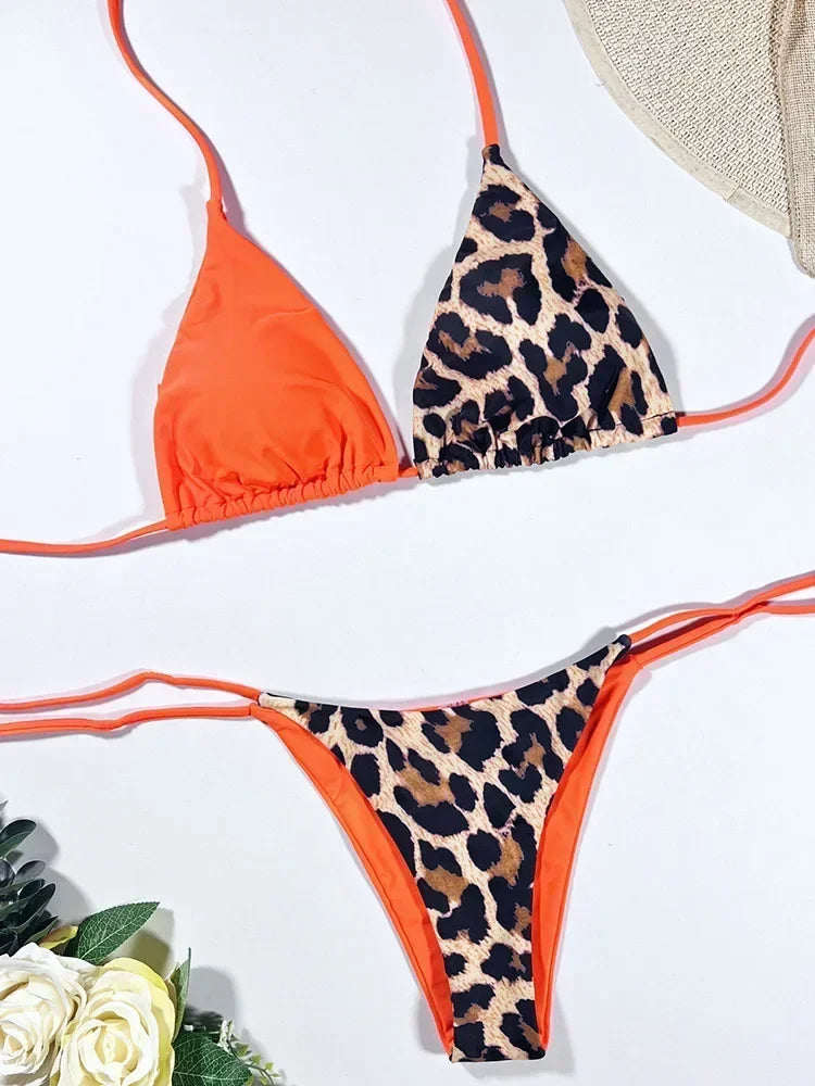 Halter Splicing Leopard Bikinis 2026 Satin Bikini Female Swimsuit Women Swimwear Two-pieces Bikini Set Micro Bathing Suit Swim