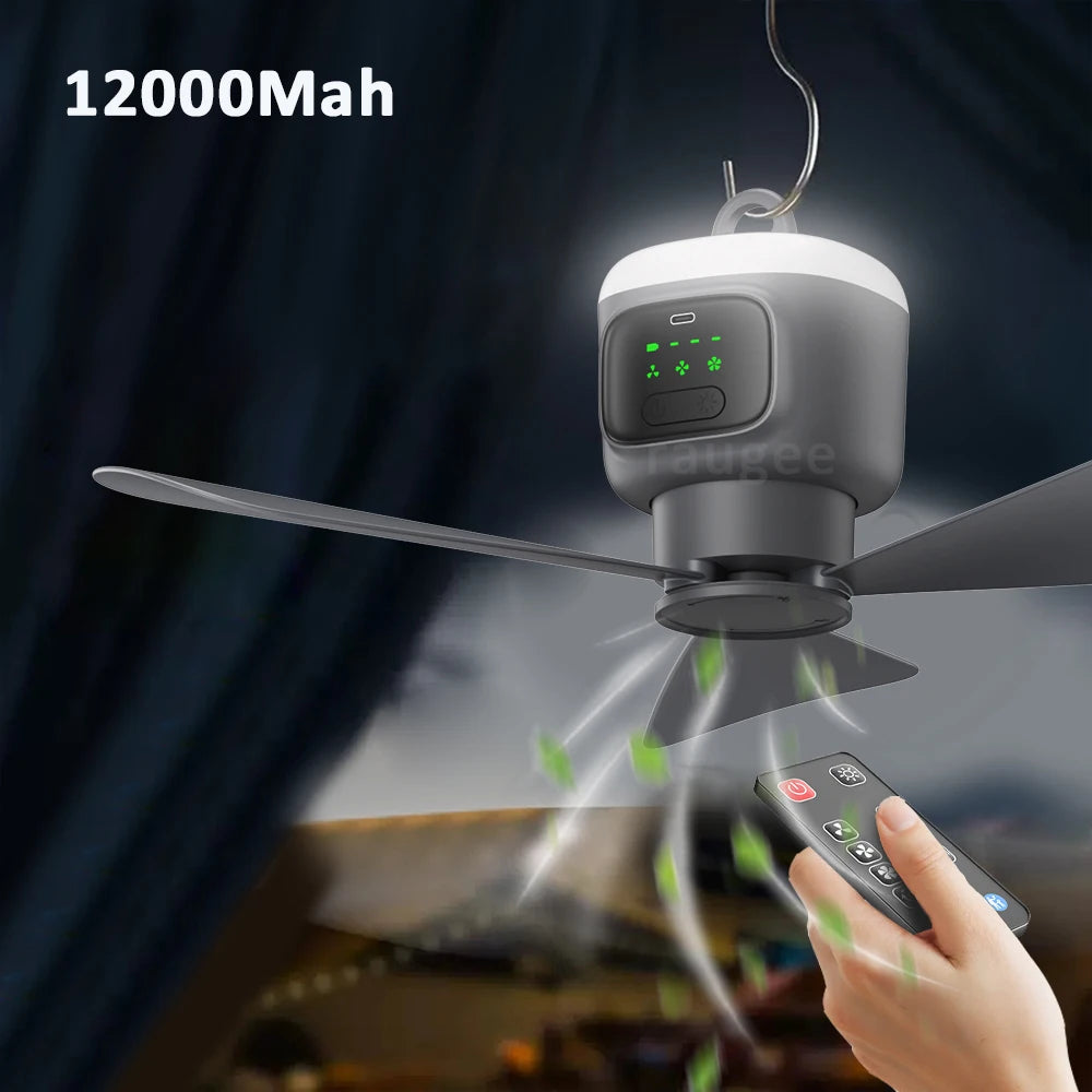 12000mAh Portable Electric Ceiling Fan Outdoor Camping Fan With Remote Control And Light Camping Air Circulator Tent Fan