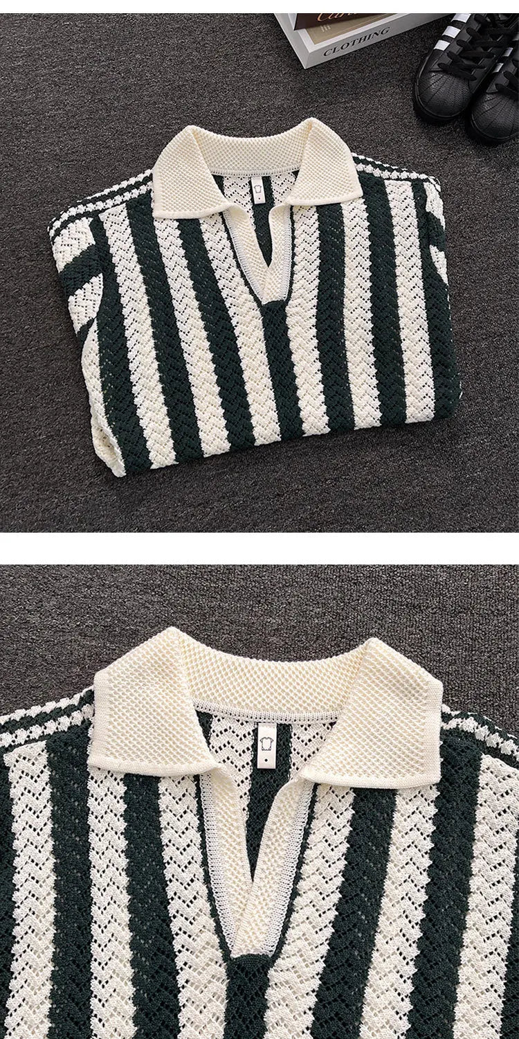 Men's Short Sleeve  Shirt Knitted Hollow out V-Neck Summer Breathable Stripe Pattern Versatile Casual T-Shirt