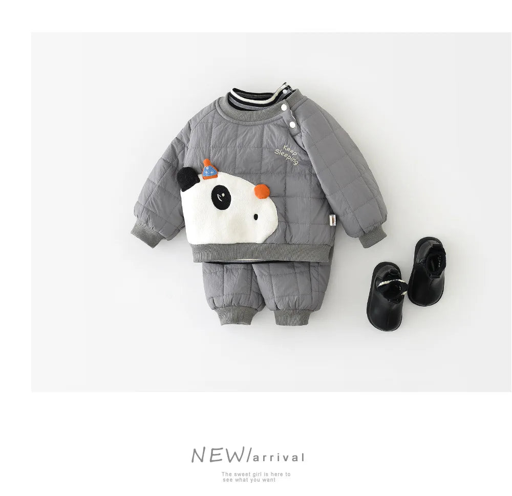 LILIGIRL Winter Baby Clothes Set 6M-3T Thicken Toddler Boys Cartoon Panda Suit Simple Loose Infant Fleece Padded Outfit 2PCS