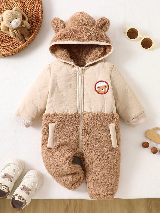 IURNXB Cute Bear Ear Hooded Baby Winter Romper Warm Fleece Patchwork Zipper Jumpsuit for Newborn Infant Outdoor Wear 1-18M