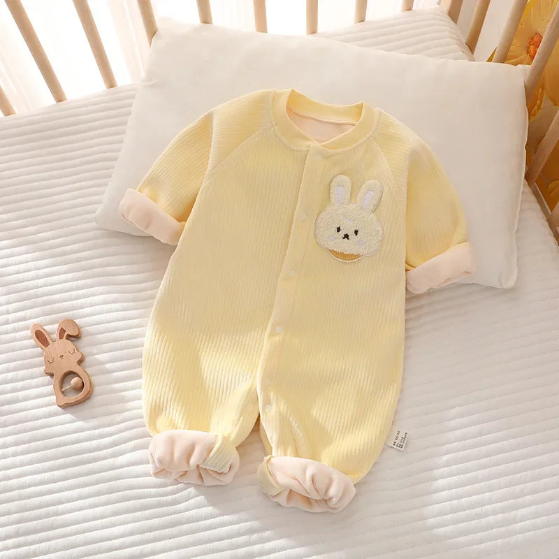 Winter Baby Jumpsuit Long Sleeves and Long Pants Warm Double-faced Fleece Cartoon Design for Boys Girls Bodysuit