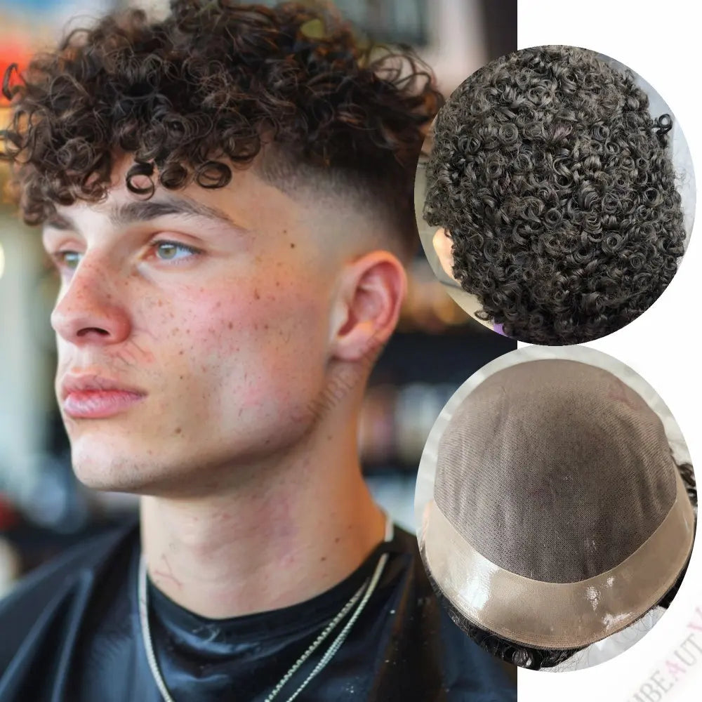 Curly Men's Wig 15mm Black Brown Human Hair Mono NPU Breathable Toupee18mm 20mm Curly Durable Male Replacement System Prosthesis