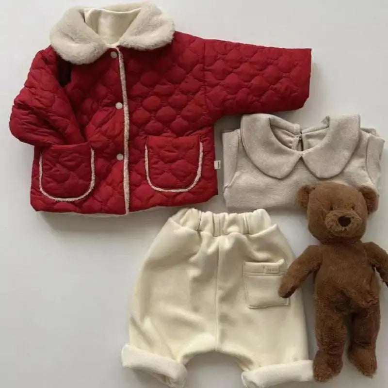 Autumn Winter Ins Children Plus Velvet Thicken Cotton Coat Girl Baby Fashion Solid Lapel Tops Kid Boy Fleece Warm Casual Jacket