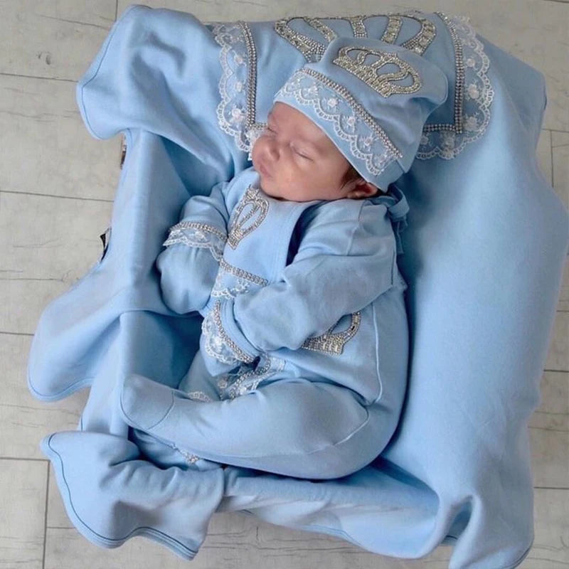 Newborn Baby Boy Outfits Set Kids Clothing Real Cotton Infant Care Products Body Suit Shirt Pants Mittens Receiving Blanket