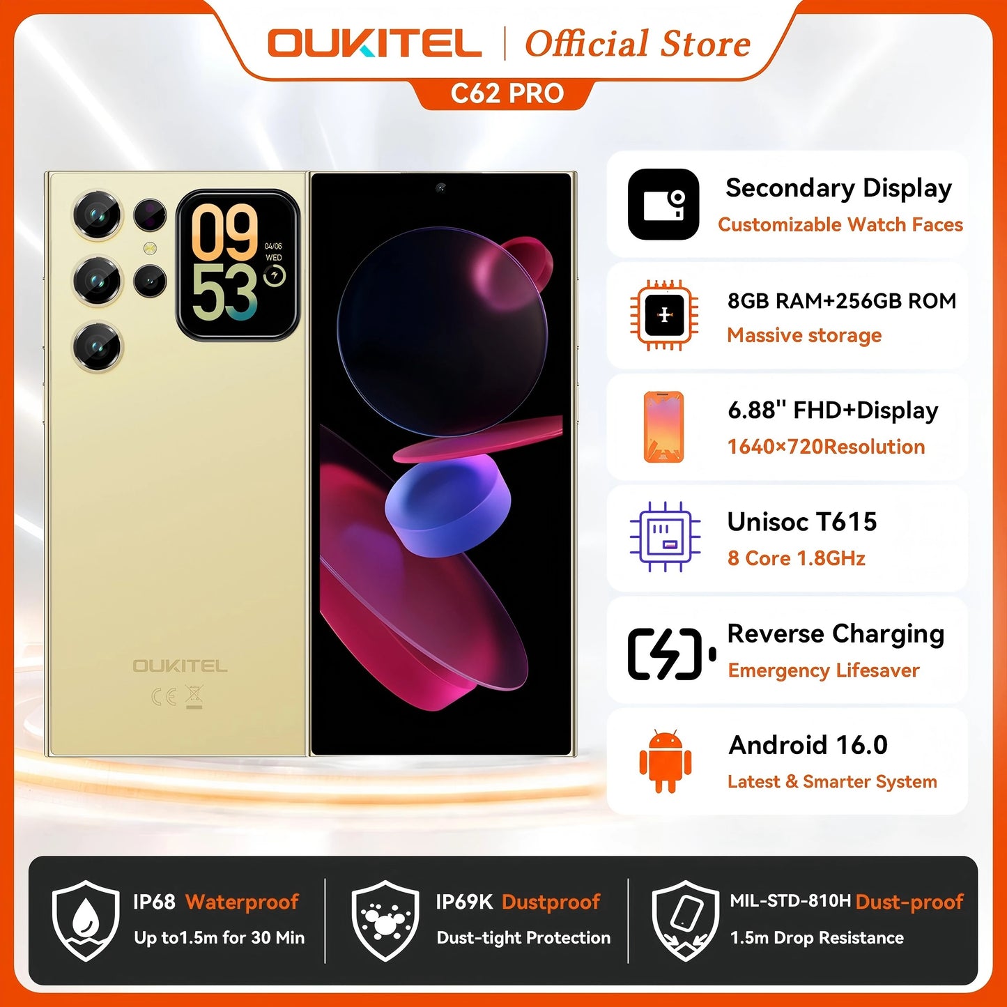 OUKITEL C62 Pro NFC Smartphone Android 15, 6.88" HD+ 1.81" Sub Screen Unisoc T615 Cell Phone, 24GB (8+16) + 256GB, 5150mAh