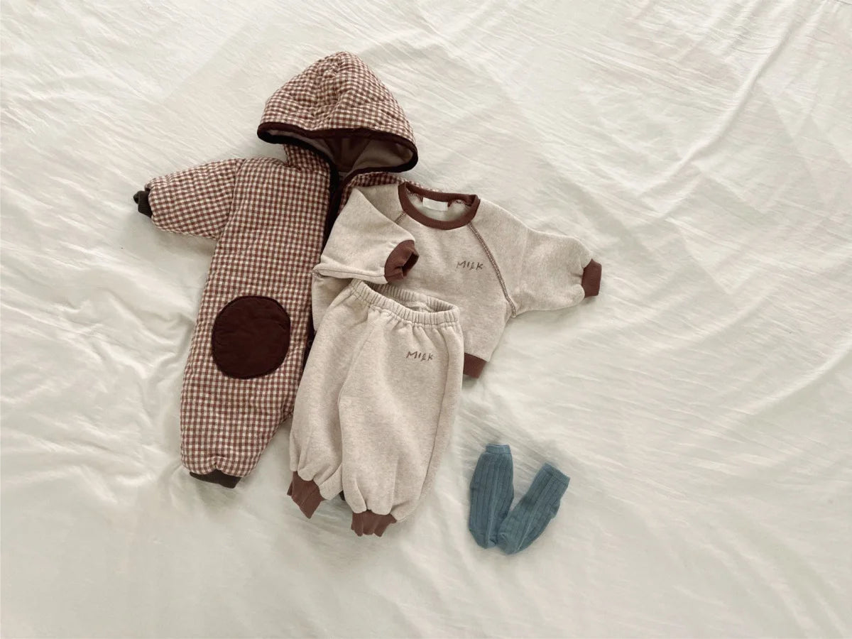 Winter New Baby Fleece Sweatshirt Set Infant Boy Girl Letter Casual Tops + Pants 2pcs Suit Kids Plus Velvet Thicken Warm Outfits