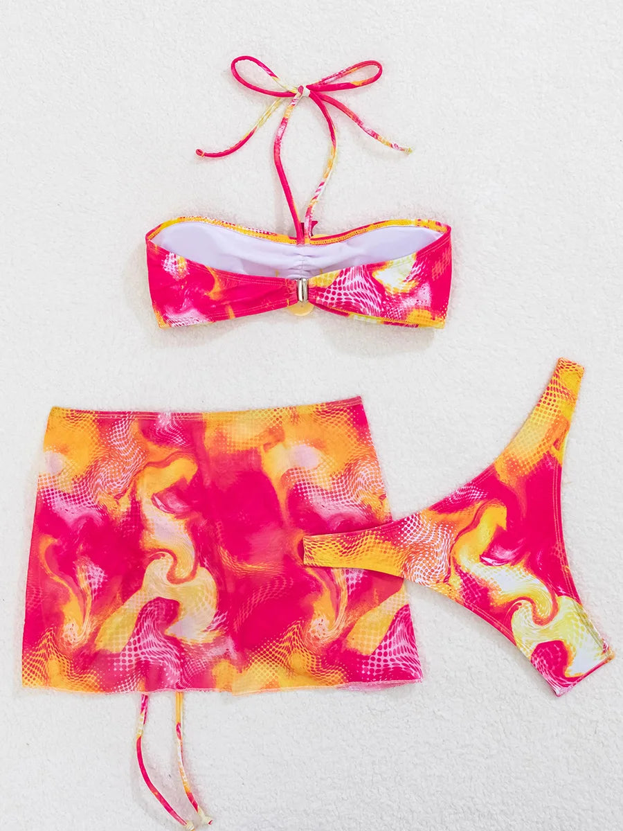 with Mesh Skirt 3D Flowers Halter Bandeau Bikini Women Swimsuit Female Swimwear Three-pieces Bikini Set Bathing Suit Beachwear