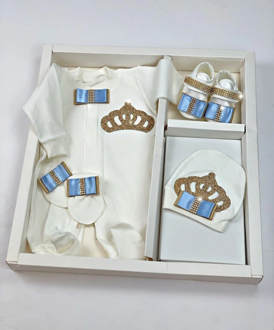 Dollbling Baptism Outfit Boy Prince Luxury Bling Christening Coming Home Romper Bonnet Set Mittens Nursery Hospital Clothing set