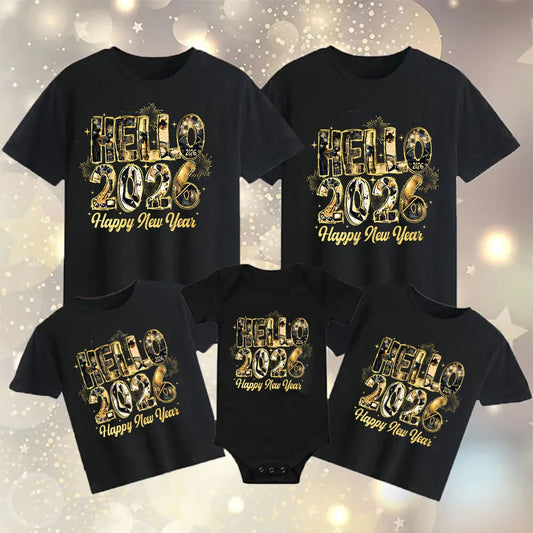 Hello 2026 Happy New Year Family Matching Outfits Dad Mom Kids Shirt Baby Bodysuit Family Clothes New Year Party