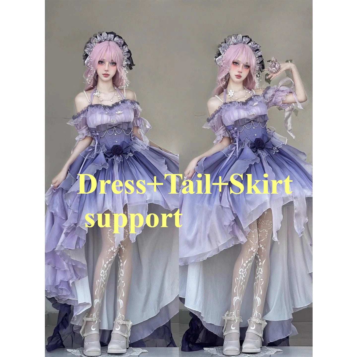 Dophee Flower Wedding Dress Lolita Purple Trailing Princess Dress Sexy Off Shoulder Short Sleeve Graduation Long Puffy Dresses