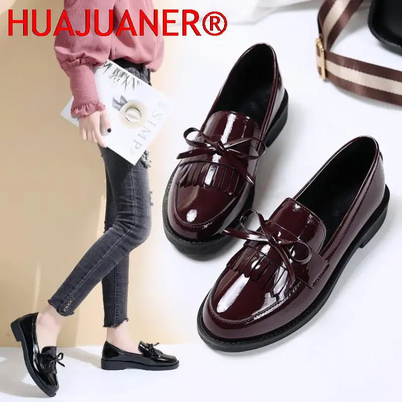 Black Patent Leather Women's Loafers Platform Slip on Shoes for Women 2025 New Spring British Tassel Casual Flats Shoes Woman