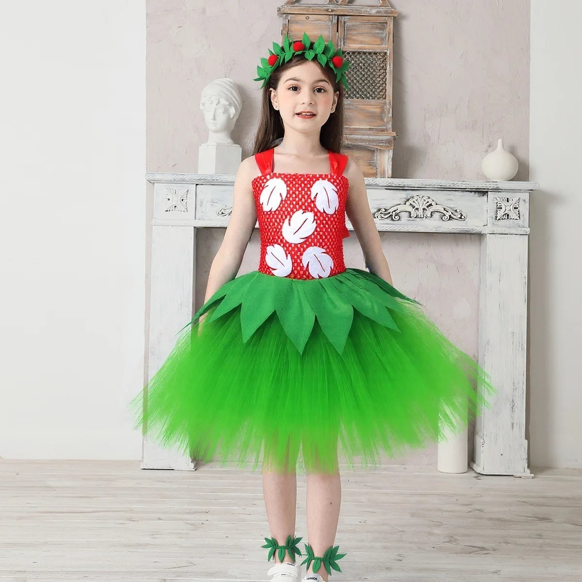 Halloween Costume for Girls Chirdren Summer Red and Green Floral Hawaiian Party Dress with Wreath Outfit for Halloween