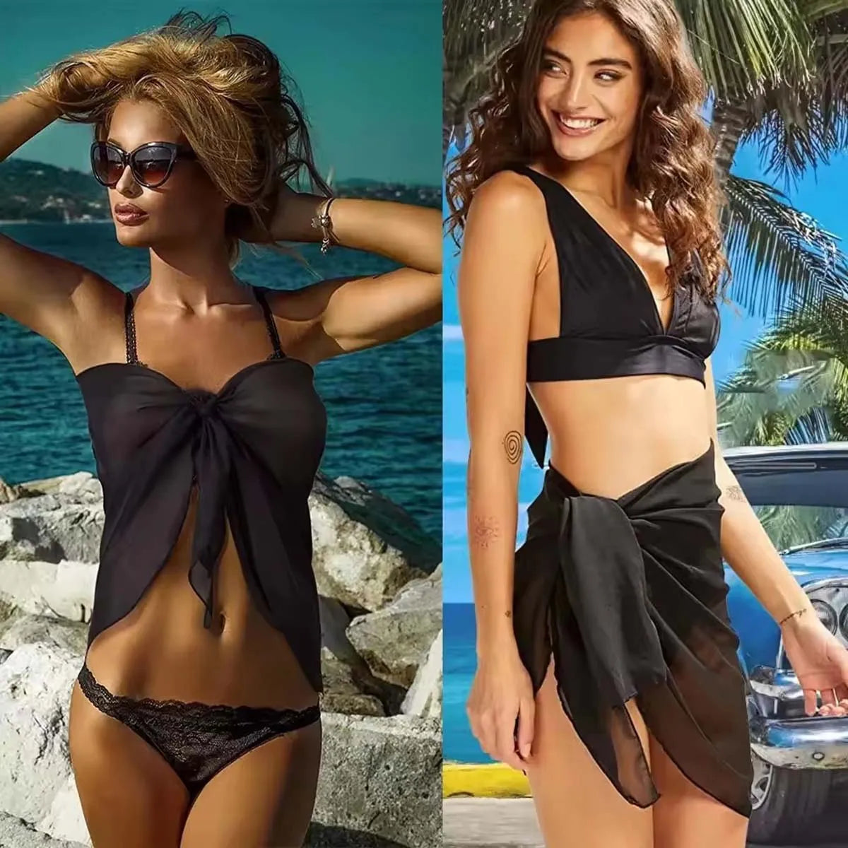 Summer Vacation Bikini Beach Skirt Women Beach Swimming Chiffon Skirt Lightweight Scarf Beach Swimsuit Hoodie Strap Design Sexy