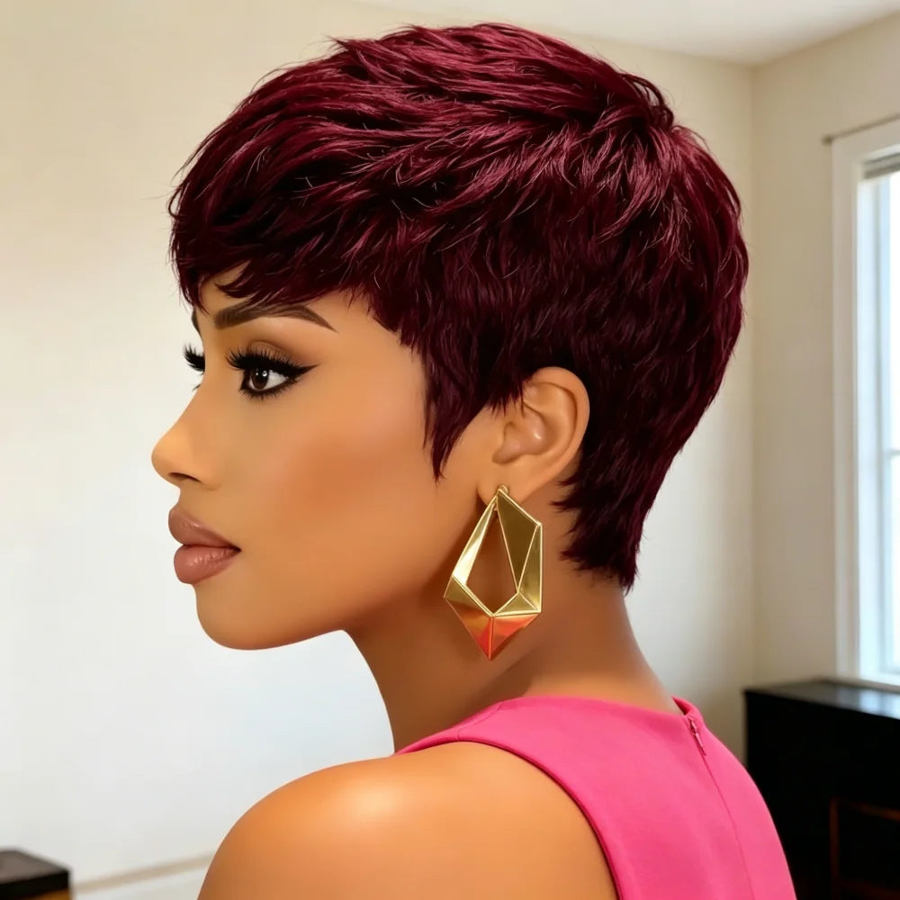 Human Hair Short Pixie Cut Wig for Women -Burgundy 99J Short Straight Human Hair Wig with Bangs,full machine made Natural Lookin
