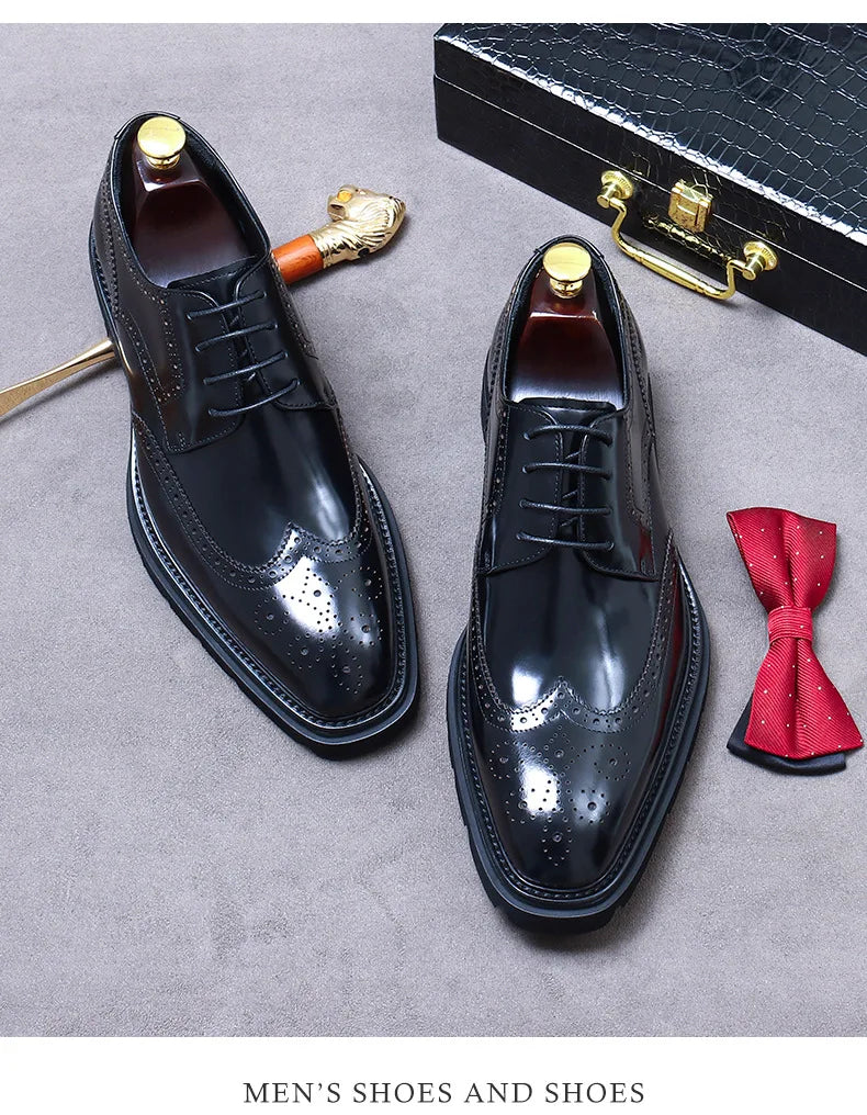 Size 38 To 46 Classic Italian Genuine Leather Men's Dress Shoes Black Lace-up Wingtip Oxfords Business Wedding Brogue Suit Shoes