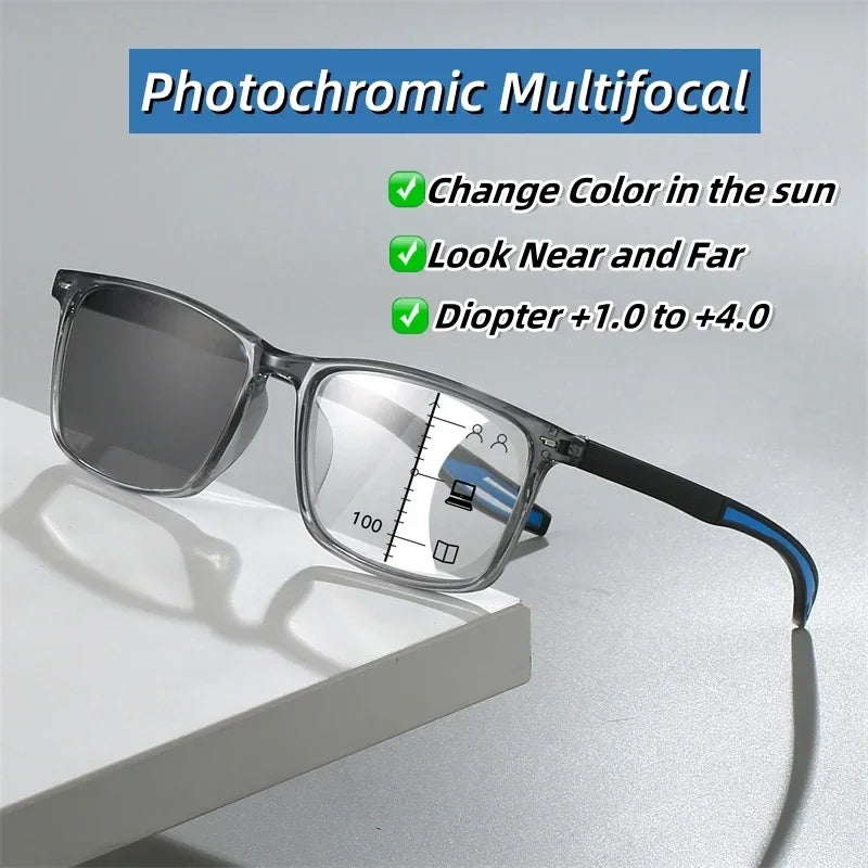 Color Changing Multifocal Presbyopia Glasses TR90 Sports Bifocal Near Far Sight Eyewear Finished Photochromic Reading Eyeglasses