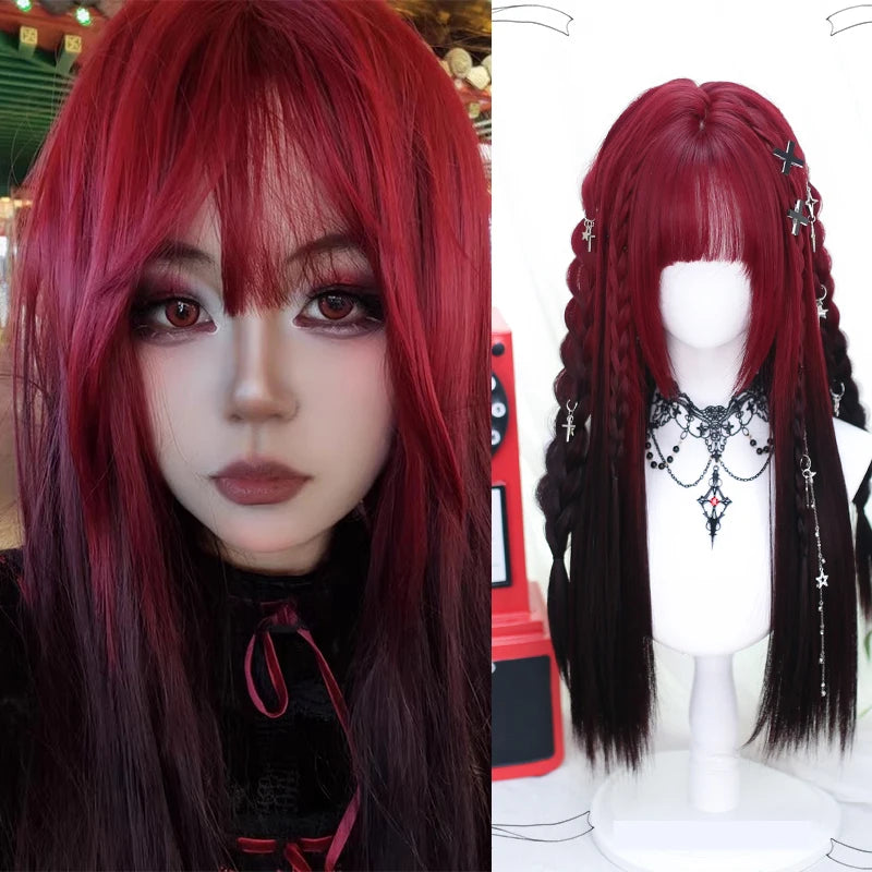 Ombre Pink Brown Wig for Women Cute Lolita Hair Wig with Bangs High Temperature Fibers Synthetic Wigs Headband Wigs for Cosplay