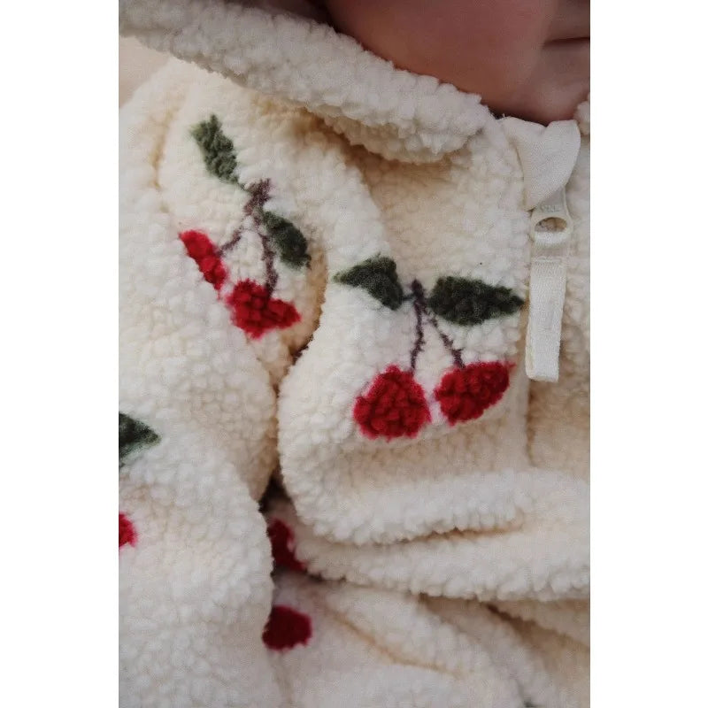 2025 Winter Long Sleeve Baby Fleece Hooded Jumpsuit Cherry Print Infant Warm Romper Crawling Outfit Newborn Clothes
