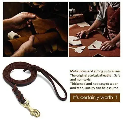 Handmade Genuine Leather Braided Dog Leash Heavy-Duty Training Lead with Metal Hook for Medium/Large Pets Dog Collar