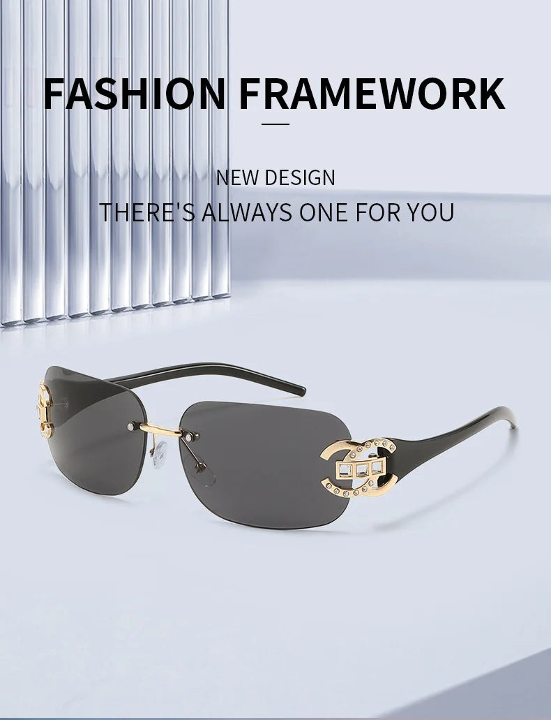 Sexy Popular Ins Rimless Square Sunglasses for Women Luxury Brand Design Diamond Punk Sun Glasses Cute Pink Shades Girls Eyewear