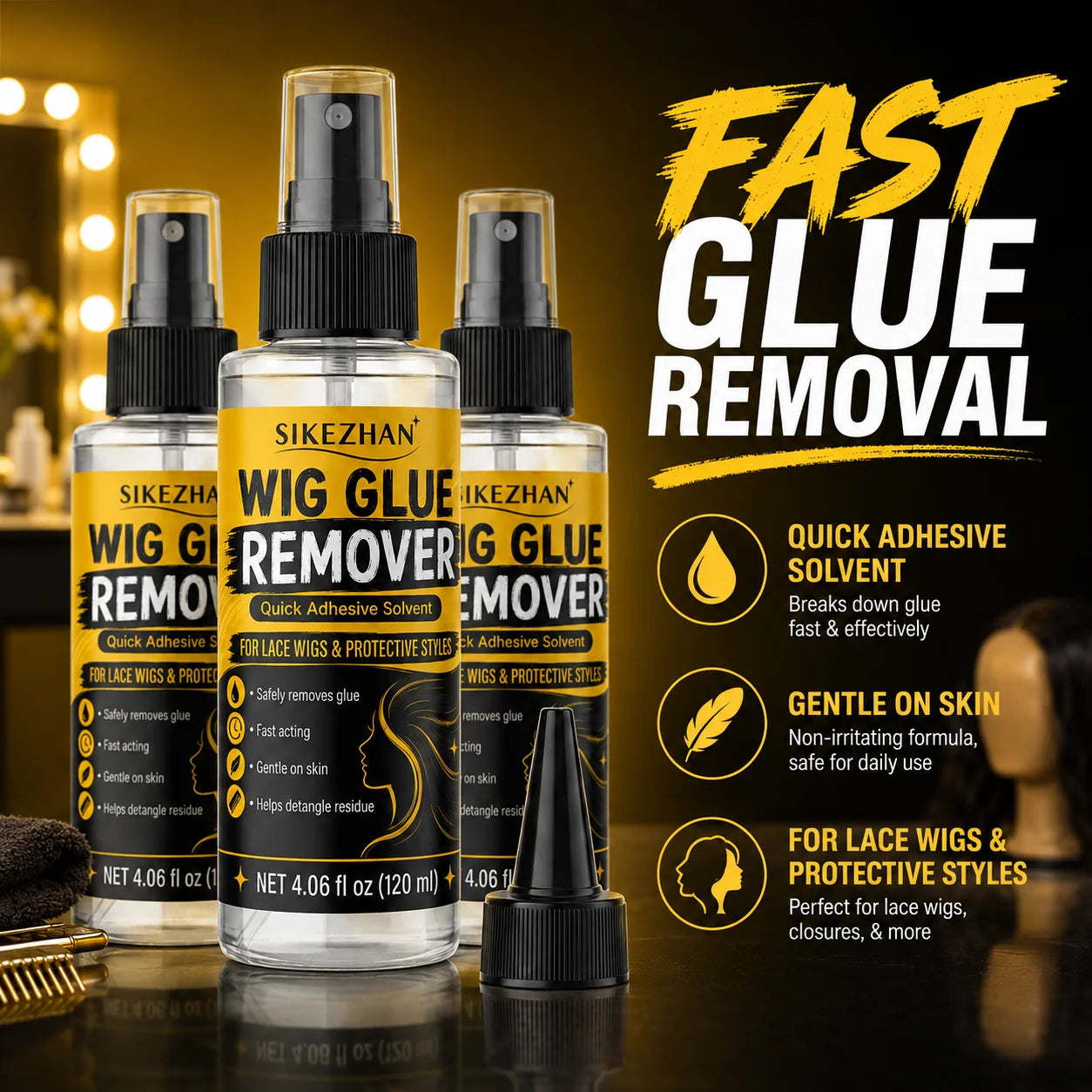SIKEZHAN 120ml Wig Glue Remover Gentle Citrus Lace Adhesive Solvent Spray with Precision Tip for Toupee Hair Extension Tape