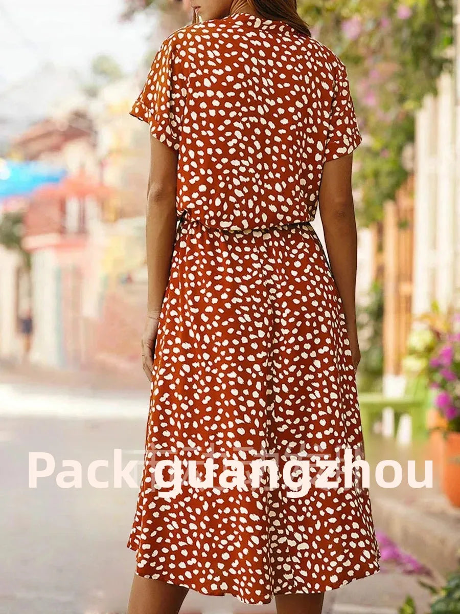 New Fashion Women's Polka Dot Print Short Sleeve Midi Dress Cotton Summer New Arrival Knee-Length Stand Collar Regular Waist