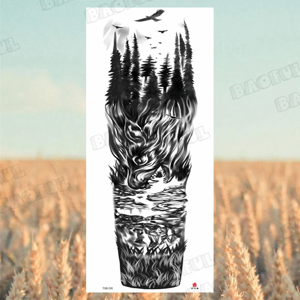BAOFUL Full Arm Sleeve Temporary Tattoos For Women Men Realistic Wolf Lion Warrior Maori Fake Tattoo Stickers Thigh Leg Tatoos