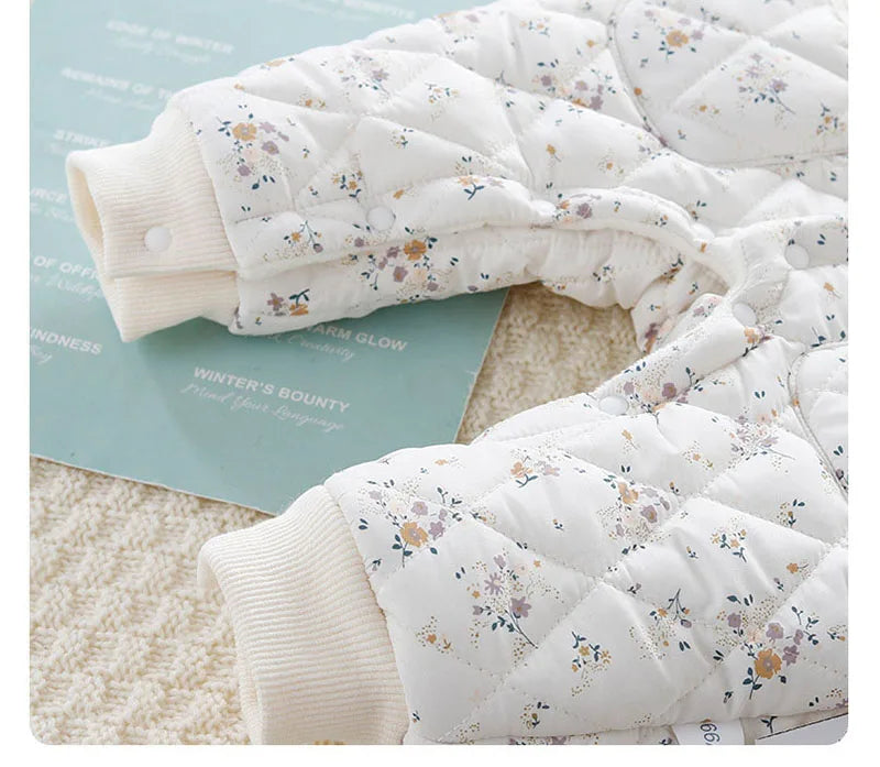 2024 Fall & Winter Baby Clothes 0-2 Y Sweet Toddler Girls Floral Fur Lining Rompers Infant Newborn Warm Jumpsuit with Hat